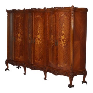 Monumental Antique French Carved Kingwood & Marquetry Four Door Armoire C1890 For Sale