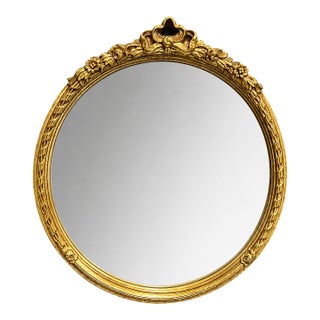 Vintage Hollywood Regency Round Gold Ribbon Crest Wall Mirror 19.5 Inches For Sale