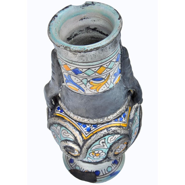 Metal Early 19th Century Colorful Andalusian-Patterned Metal-Inlaid Ceramic Vase W/ Handles For Sale - Image 7 of 12