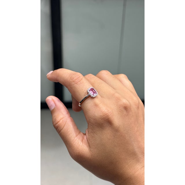 Art Deco Art Deco Emerald-Cut Pink Sapphire & Diamond Halo Ring in 14k White Gold Size 8 For Sale - Image 3 of 16