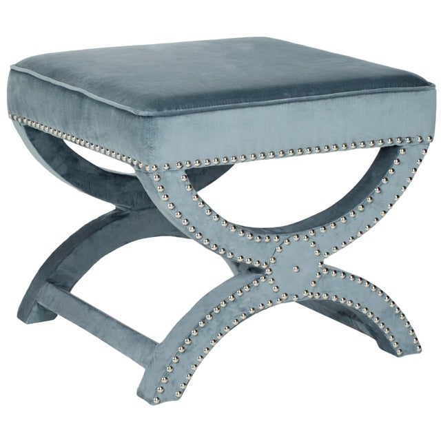 Modern Studded Ottoman in Blue For Sale - Image 3 of 10