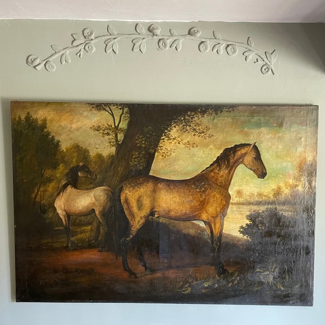 Impressive oil on canvas depicting Arabian horses in a forest and lakeside landscape, probably 18th century. Signature to...