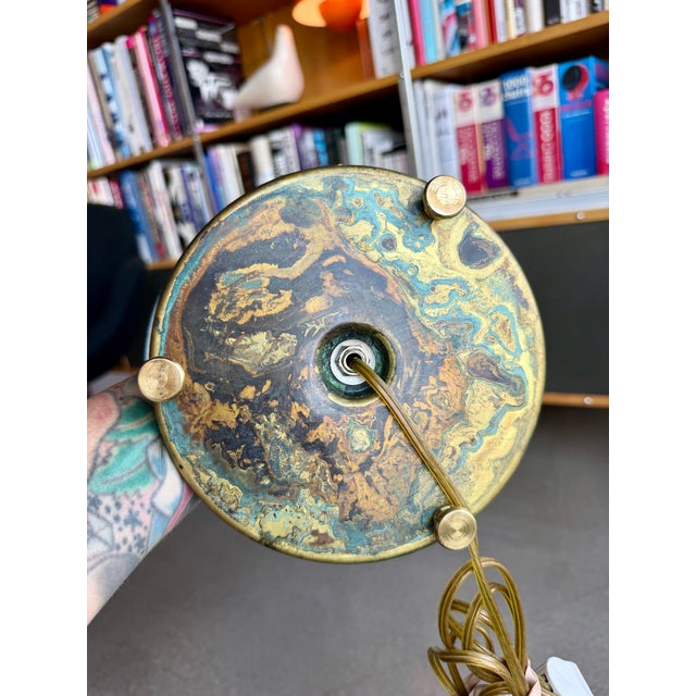 Vintage Brass Verdigris Three-Light Bouillotte Table Lamp Neoclassical Hollywood Regency Style For Sale - Image 15 of 16