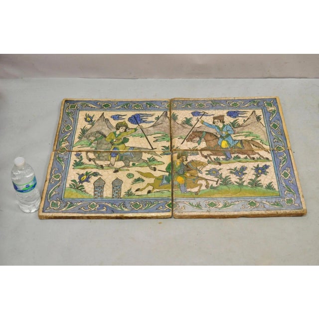 Antique Persian Iznik Qajar Style Ceramic Pottery Tile Mosaic Polo Players C7. Item features original crackle glazed...