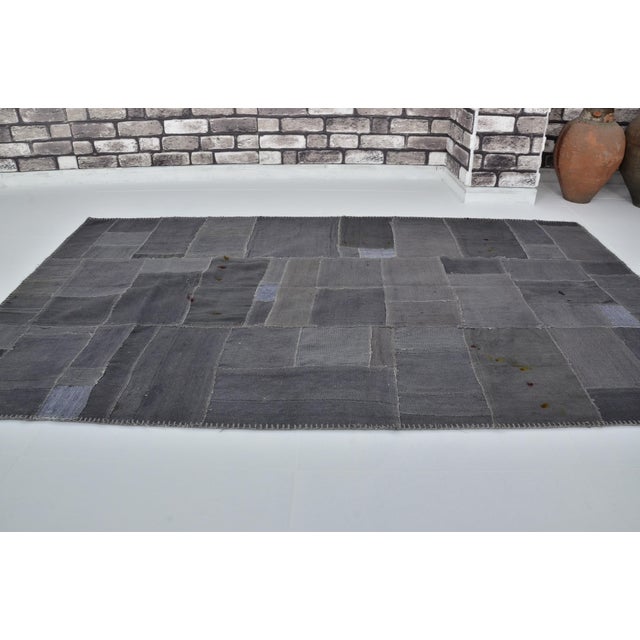 Turkish Dark Grey Vintage Hemp Kilim Rug For Sale - Image 3 of 10