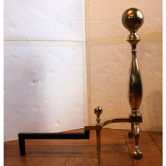 Mid-20th century pair of brass andirons, American. Very heavy, fine quality with ball tops & conforming ball top log stops...