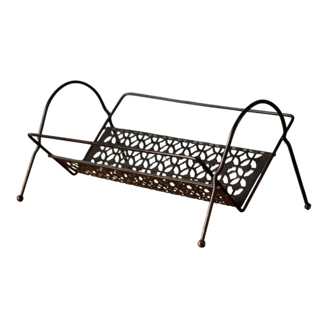 Mid Century Modernist Black Metal Magazine Rack Lp Record Holder For Sale