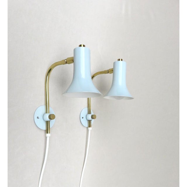 Mid-Century Modern Brass & Light Blue Wall Lights, 1950s, Set of 2 For Sale - Image 3 of 18