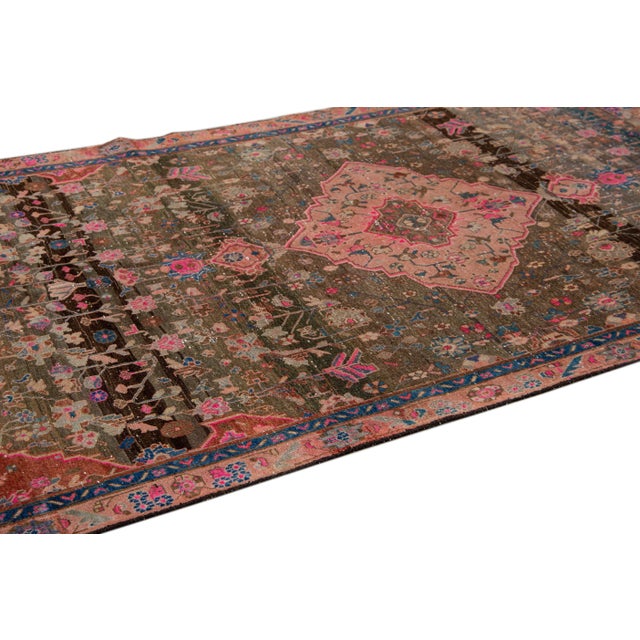 1960s Vintage Distressed Handmade Medallion Brown & Pink Wool Rug For Sale - Image 5 of 8