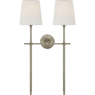 Thomas O'Brien for Visual Comfort Signature Bryant Large Double Tail Sconce in Antique Nickel with Linen Shades For Sale