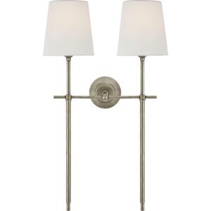 Thomas O'Brien for Visual Comfort Signature Bryant Large Double Tail Sconce in Antique Nickel with Linen Shades