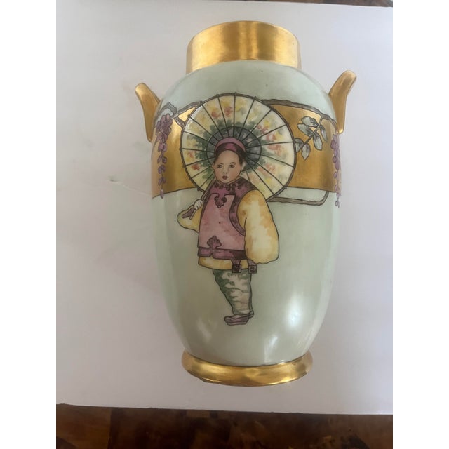 Antique Vintage Limoges Porcelain 2 Handled Vase Chinese Child With Her Umbrella Circa 1920 For Sale - Image 11 of 11