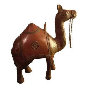 1980s Hand Carved Metal Plated Olive Wood Camel Figurine