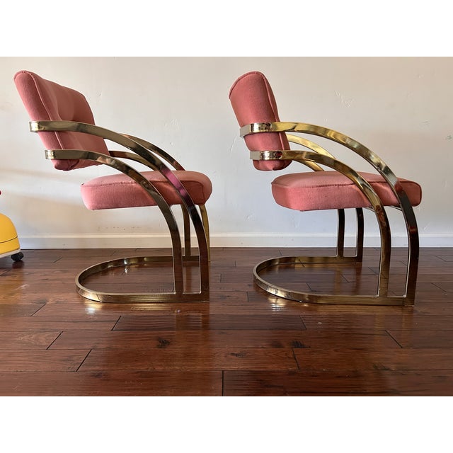 Mid-Century Modern Vintage Milo Baughman Style Brass & Dusty Rose Cantilever Chairs From Cal-Style Furniture Mfg. Co. For Sale - Image 3 of 5