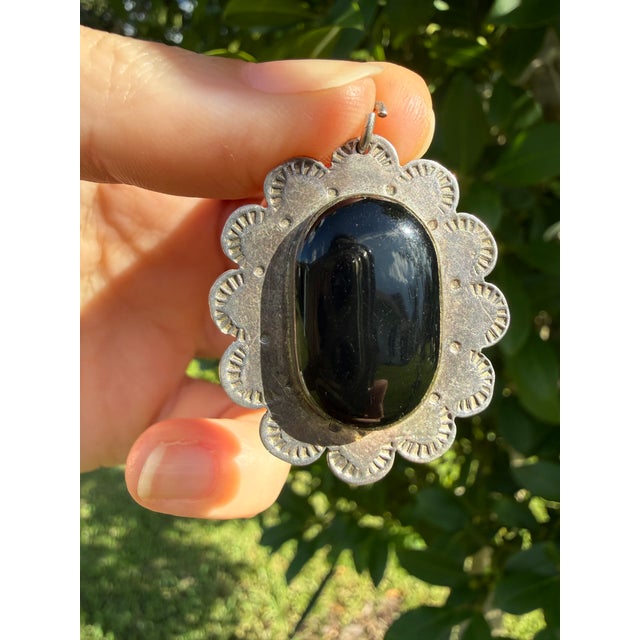 Vintage Taxco Mexico Sterling Silver Black Onyx Flower Pendant For Sale - Image 10 of 12