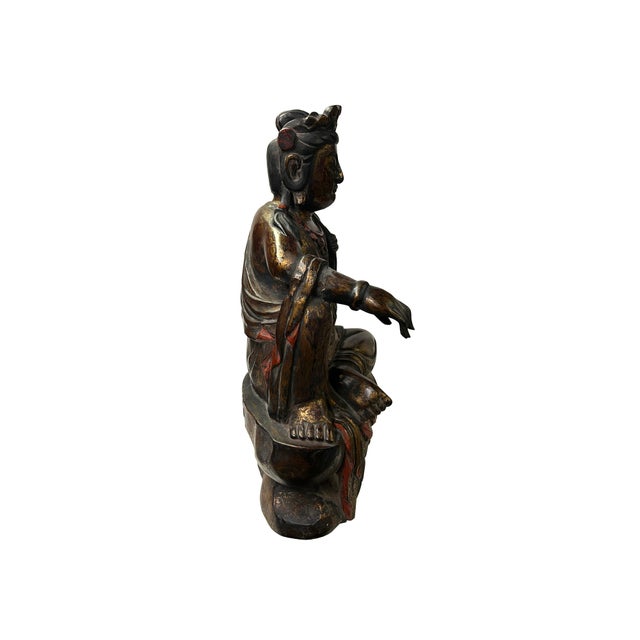 Vintage Chinese Golden Red Brown Lacquer Wood Bodhisattva Statue For Sale - Image 9 of 9