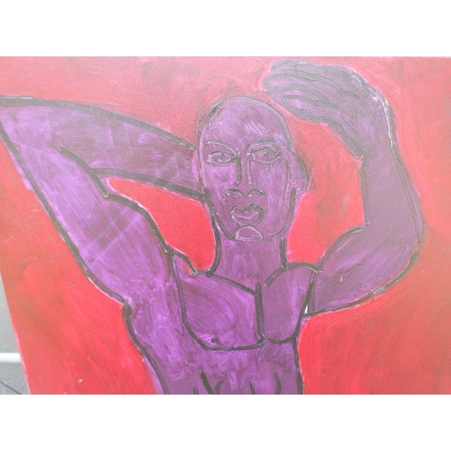 A striking abstract nude, oil on canvas of a purple man on a lipstick red background, best described as Keith Haring meets...