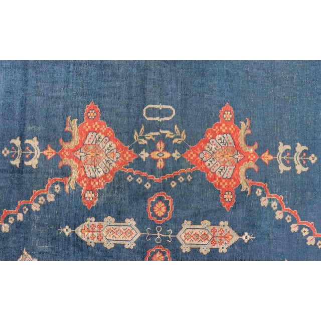 Red Large Antique Turkish Oushak Rug in Blue and Red With Ornate Medallion Design For Sale - Image 8 of 12