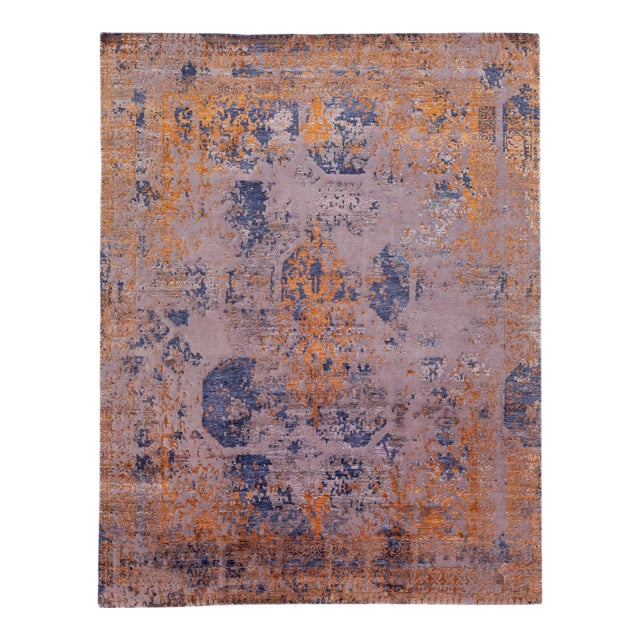 2010s Abstract Handmade Wool & Silk Rug in Blue and Orange For Sale