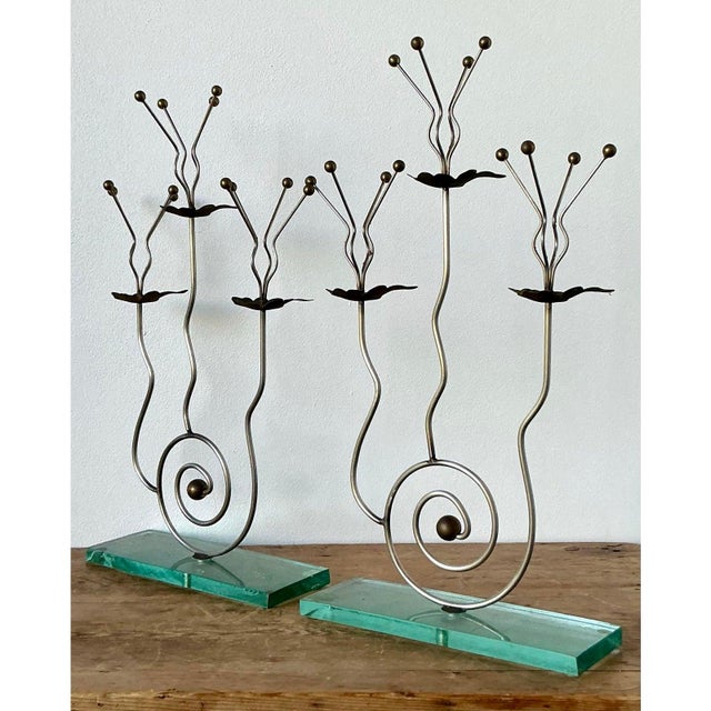 Green Vintage Postmodern Three Candle Candelabra After Tony Evans - A Pair For Sale - Image 8 of 12