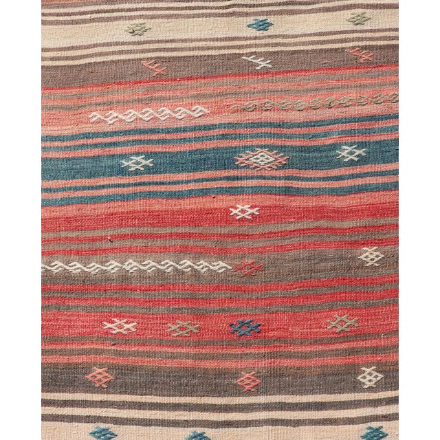 Measures: 2'7 x 13'2 Coral Blue and Beige Striped Vintage Turkish Kilim Handwoven Wool Runner. Keivan Woven Arts /...