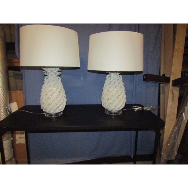 Ceramic Ceramic Pineapple Lamps with White Glaze and Drum Shades - a Pair For Sale - Image 7 of 7