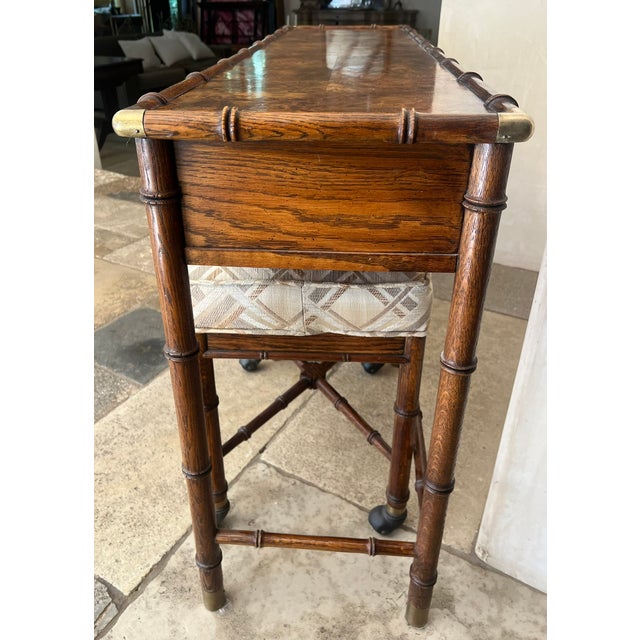 Wood Hekman Burl Wood, Faux Bamboo Console With Nesting Stools & Brass Accents For Sale - Image 7 of 14