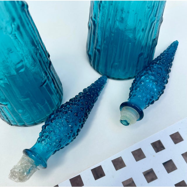 Mid-Century Modern Mid Century Modern Empoli Blue Genie Bottle Decanters, Pair For Sale - Image 3 of 3
