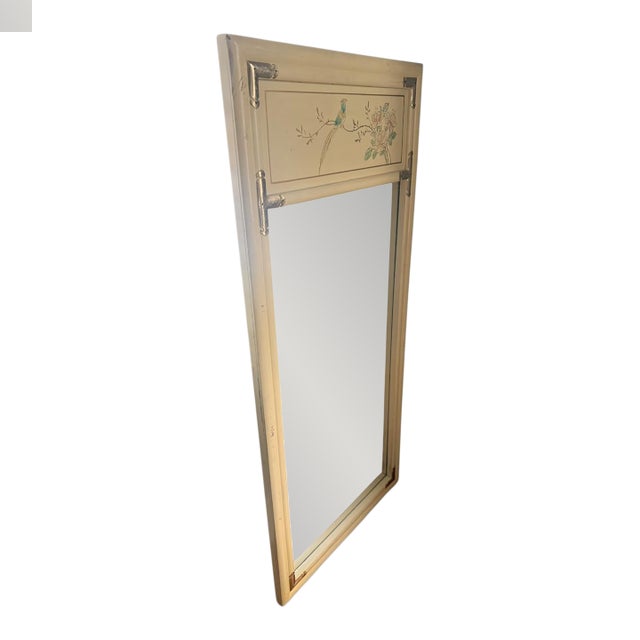 Vintage Chinoiserie Wall Mirror With Lacquered Frame & Hand-Painted Bird Motif For Sale