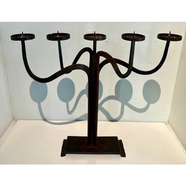 Pair Hand Crafted Brutalist Iron Candelabra With 5 Candle Holders For Sale - Image 9 of 12