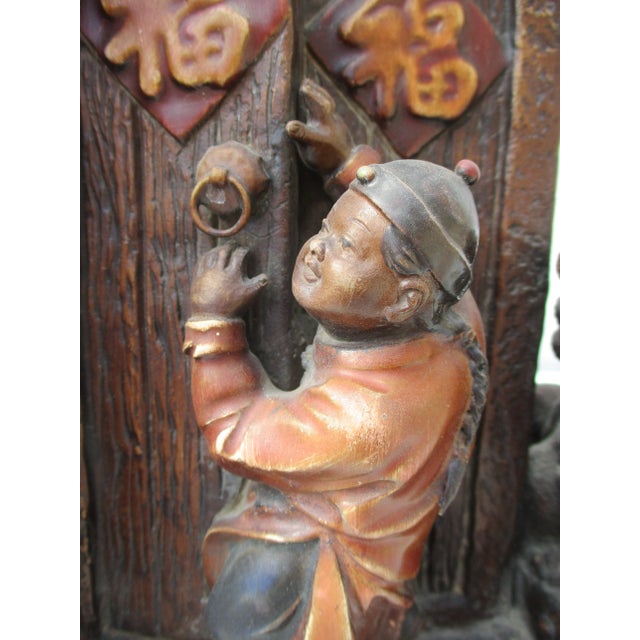 Brown Vintage Ceramic Chinese Boys Wall Pocket For Sale - Image 8 of 13