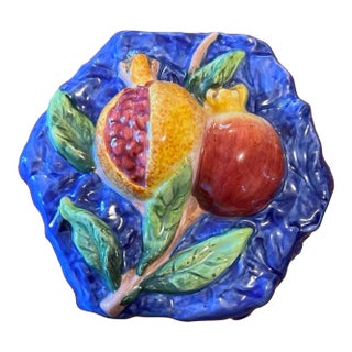 Vintage Hand Painted Majolica Blue Ceramic Box With Pomegranate Design For Sale