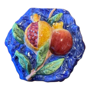 Vintage Hand Painted Majolica Blue Ceramic Box With Pomegranate Design
