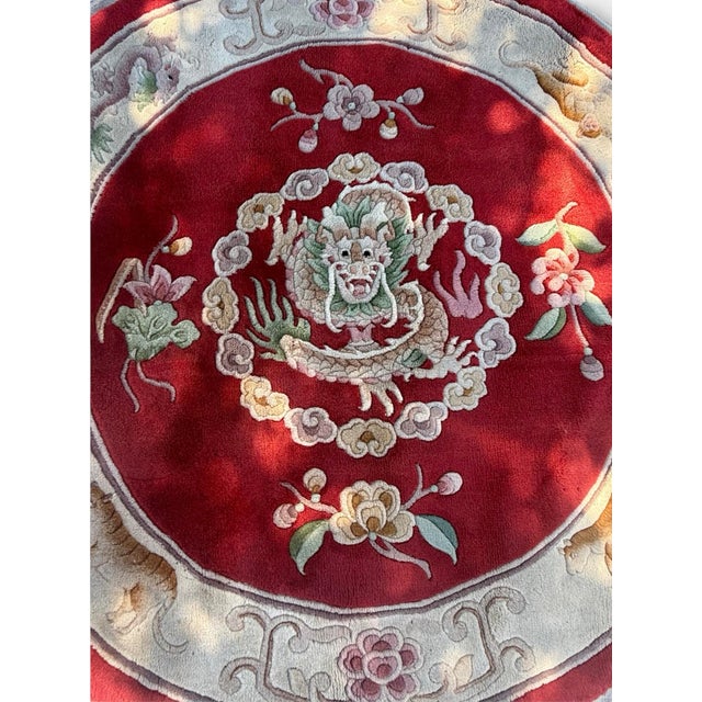 Mid 20th Century Vintage Mid-Century Hand-Knotted Chinese Wool Dragon Rug 5ft (4’11”) Round Accent Rug. Excellent Vintage Condition. For Sale - Image 5 of 7
