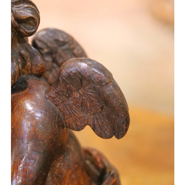 Wood 18th Century French Carved Oak Winged Putto With Fleur-De-Lys Heraldic Shield For Sale - Image 7 of 10