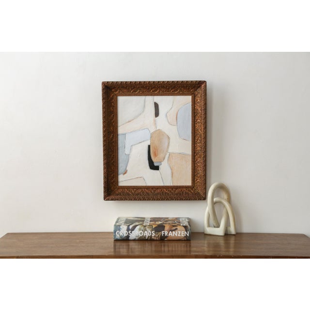 Small original abstract painting in a beautiful antique golden bronze frame. This geometric piece has a palette of pale...