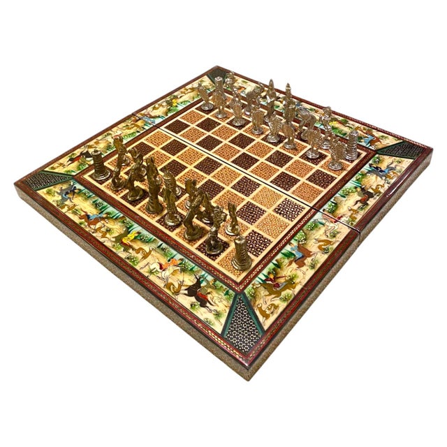 Stunning Persian foldable chess board with inlaid mosaic and hand painted decorations surrounding the board. Other side...