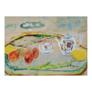 Mid 20th Century Impressionist Still Life Teapot and Fruit Painting