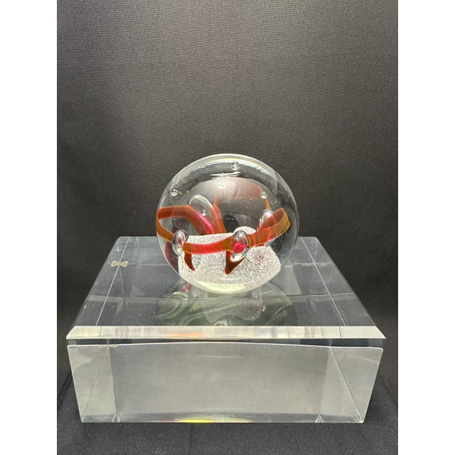 Mid-Century Modern 1970s Adam Jablonski Signed Hand Blown Crystal Art, Red Ribbon Suspended on Controlled Bubbles Paperweight For Sale - Image 3 of 11