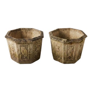 Pair of Vintage Hexagonal Cast Stone Garden Planters With Relief Wildlife Panels For Sale