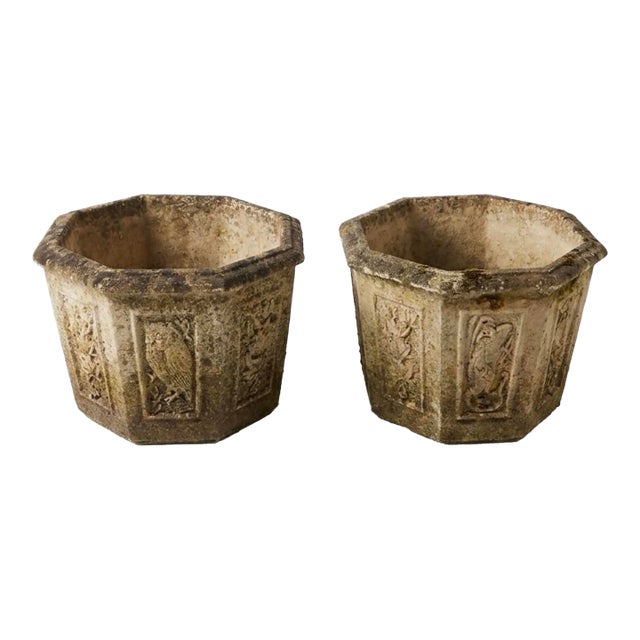 Pair of Vintage Hexagonal Cast Stone Garden Planters With Relief Wildlife Panels For Sale