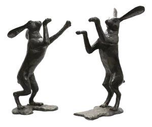 Bronze Boxing Hares Statues, Set of 2