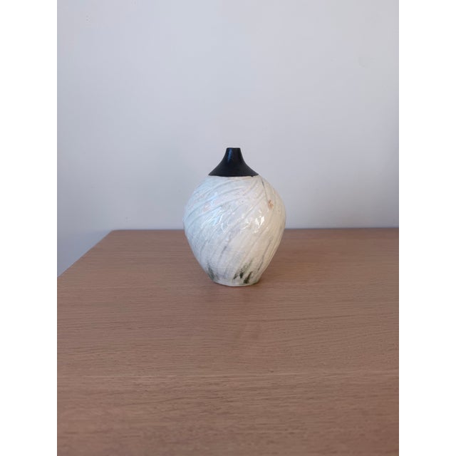 Small Studio Pottery Bud Vase, White Crackle Glaze With Black Neck For Sale - Image 4 of 4