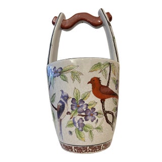 Vintage Floral & Bird Ceramic Water Bucket Vase/Planter For Sale