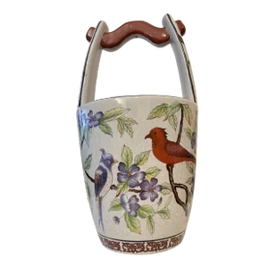 Vintage Floral & Bird Ceramic Water Bucket Vase/Planter