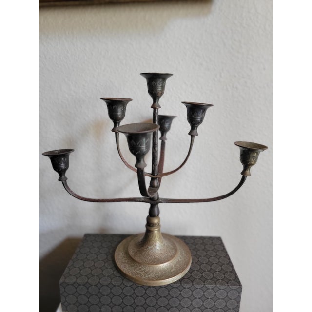 Boho Chic Decorative Brass Candlelabra With Six Flared Arms For Sale - Image 3 of 11