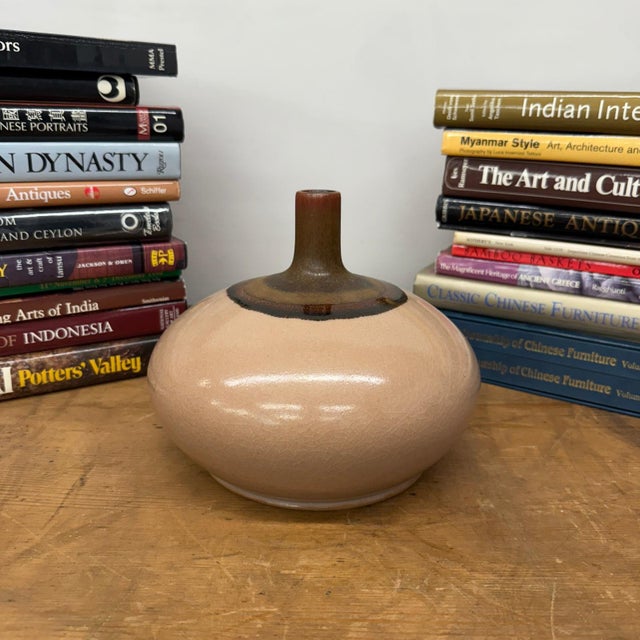 Round Blush Ceramic Vase with Brown Neck and Crackle Glaze For Sale - Image 4 of 9