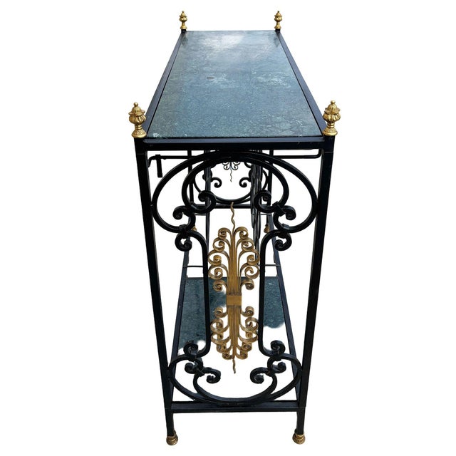 Hollywood Regency Mid-Century Regency Iron & Brass Wine Bar Console Table W/ Marble Top For Sale - Image 3 of 11