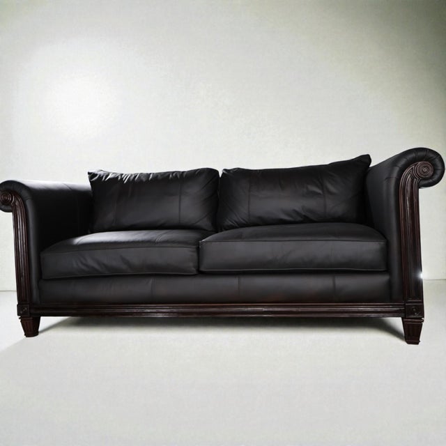 2020s Black Leather Sofa With Carved Wood Base – Classic Rolled Arm Design For Sale - Image 5 of 9