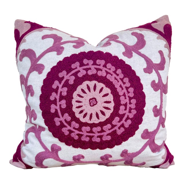 Canvello Style Burgundy and Pink Embroidered Medallion Pillow Cover With Tassel For Sale
